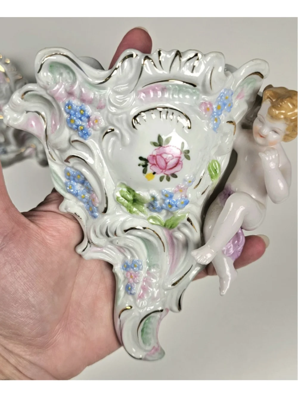 Vintage L&M Inc Porcelain Cherub Wall Pocket Vases Pair Pink Rose Flowers Gold